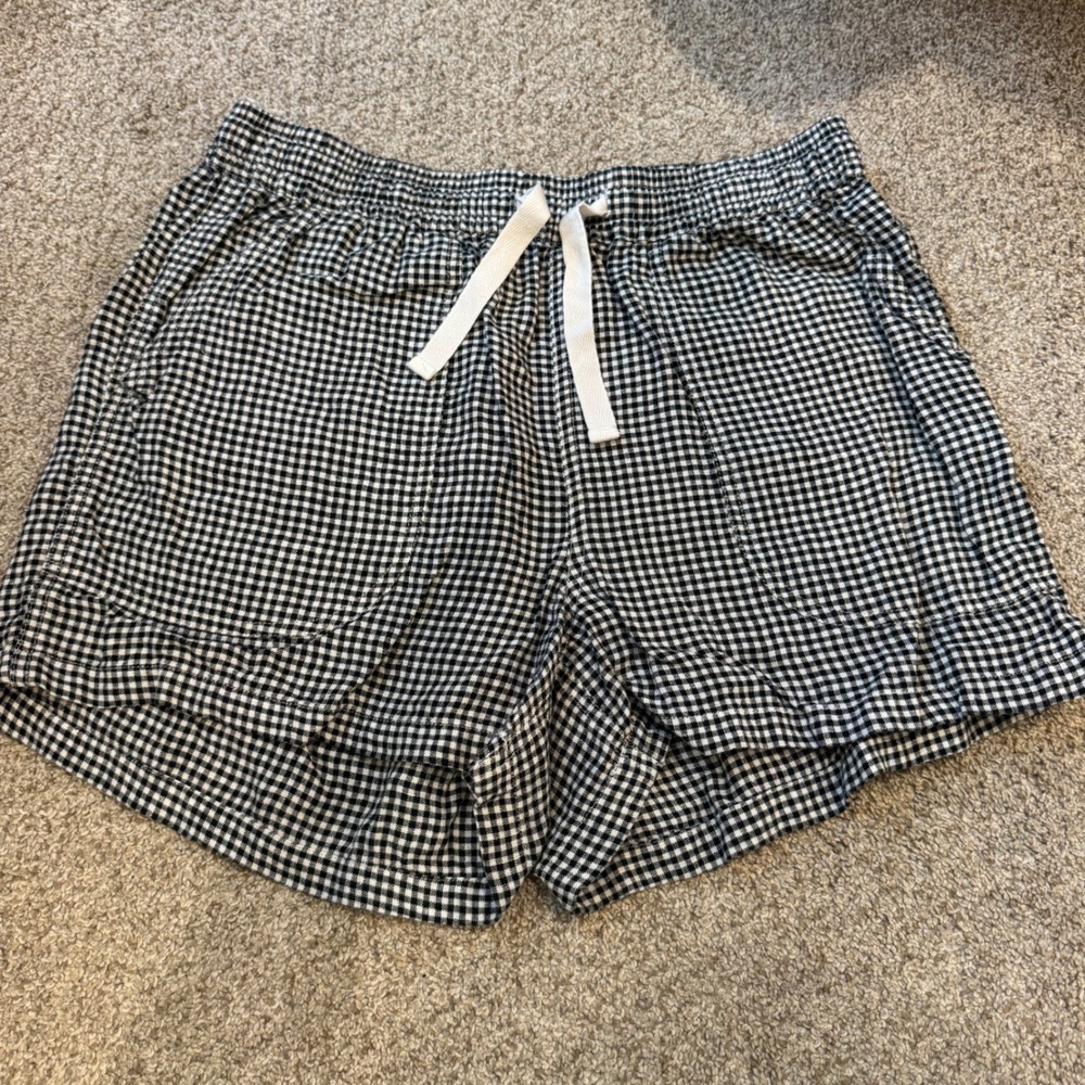 Quince Gingham Linen Blend Shorts Black White Elastic Waist Drawstring Small